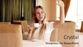  Presentation with tea coffee - Amazing presentation theme having happy woman in white with cup of coffee or tea backdrop and a coral colored foreground