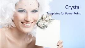  Presentation with fancy - Slide set having happy woman in winter makeup and feather hat holding fancy christmas present background and a sky blue colored foreground