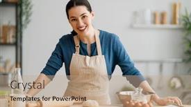  Presentation with bakery - Beautiful slide deck featuring happy-woman-is-preparing-bakery backdrop and a coral colored foreground