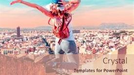  Presentation with city - Presentation theme consisting of happy-woman-jumping-in-alicante background and a coral colored foreground