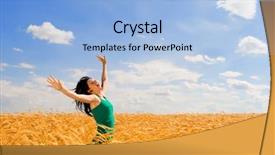  Presentation with golden woman - Colorful slide deck enhanced with happines - happy woman jumping in golden backdrop and a light blue colored foreground