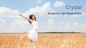  Presentation with golden woman - Colorful PPT theme enhanced with happy woman jumping in golden wheat backdrop and a light blue colored foreground