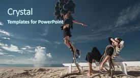  Presentation with happy birthday multicorored balloons - Slide set featuring happy woman jumping with black background and a ocean colored foreground