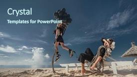  Presentation with happy birthday multicorored balloons - Theme with happy woman jumping with black background and a ocean colored foreground