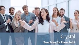  Presentation with woman leader - PPT theme consisting of happy-woman-leader background and a teal colored foreground