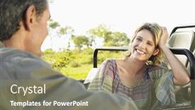  Presentation with jeep - Presentation featuring happy woman leaning elbow on jeep while talking to man background and a coral colored foreground