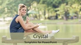  Presentation with listening woman - PPT theme featuring happy woman listening music background and a mint green colored foreground