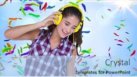  Presentation with colorful music - Amazing PPT theme having happy woman listening to music against colorful feathers backdrop and a light blue colored foreground