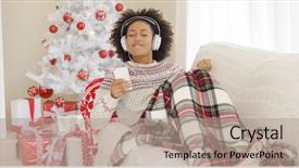  Presentation with christmas music - Audience pleasing PPT theme consisting of happy woman listening to music backdrop and a coral colored foreground