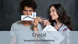  Presentation with tears - Audience pleasing presentation theme consisting of happy woman looking at man holding paper with tears drawn on it backdrop and a light blue colored foreground