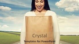  Presentation with paper bag - Cool new slide deck with happy woman looking into the paper bag at outdoor backdrop and a coral colored foreground