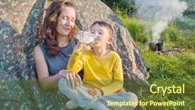  Presentation with summer drinking water - PPT theme enhanced with happy woman looks at her little son drinking water near tent outside at summer day background and a tawny brown colored foreground