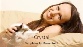  Presentation with cat - PPT theme with happy woman lying on the sofa with her cat background and a coral colored foreground