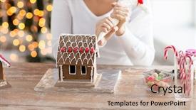  Presentation with decoration - Presentation design consisting of happy woman making gingerbread house background and a coral colored foreground