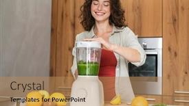  Presentation with smoothies - Presentation theme consisting of happy-woman-making-healthy-fruit background and a coral colored foreground