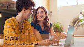  Presentation with purchasing - PPT theme with happy woman making payment online background and a gold colored foreground