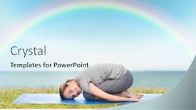  Presentation with woman child - Cool new slide set with happy woman making yoga in child pose on mat backdrop and a sky blue colored foreground