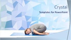  Presentation with woman child - Slide set enhanced with happy woman making yoga in child pose on mat background and a sky blue colored foreground