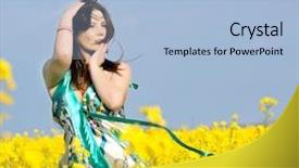  Presentation with happy camper - PPT theme having happy woman on rapeseed field background and a  colored foreground