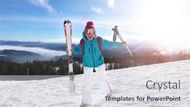  Presentation with ski - Amazing PPT layouts having happy woman on ski piste at snowy resort winter vacation backdrop and a light gray colored foreground
