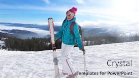  Presentation with ski - Beautiful theme featuring happy woman on ski piste at snowy resort winter vacation backdrop and a light gray colored foreground