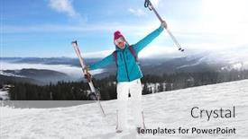  Presentation with ski - Slide deck featuring happy woman on ski piste at snowy resort winter vacation background and a light gray colored foreground