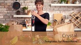  Presentation with bottle red wine - Slides featuring happy-woman-opening-a-bottle background and a coral colored foreground