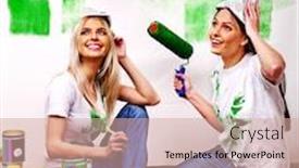  Presentation with wall paint - Presentation theme enhanced with happy woman paint wall at home background and a coral colored foreground