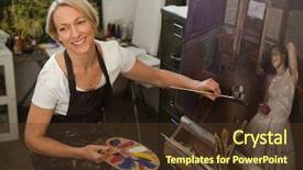  Presentation with canvas - Colorful slide deck enhanced with happy woman painting on canvas backdrop and a tawny brown colored foreground