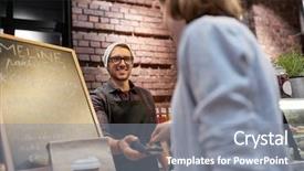  Presentation with concept illustration of customer service - Cool new PPT theme with happy woman paying for purchase backdrop and a gray colored foreground
