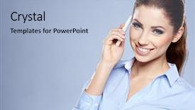  Presentation with happy sad mask face - Theme with happy woman phone talking face background and a light blue colored foreground