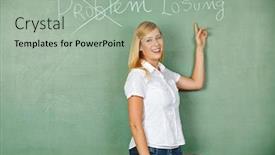  Presentation with problem solution - Beautiful slide set featuring happy woman pointing to german words for problem and solution on chalkboard backdrop and a mint green colored foreground