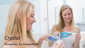  Presentation with bathroom - Amazing presentation theme having happy woman pouring blue mouthwash backdrop and a coral colored foreground