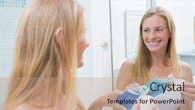  Presentation with happy smiling woman dental health - Beautiful presentation featuring happy woman pouring blue mouthwash backdrop and a coral colored foreground
