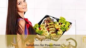  Presentation with fish - Audience pleasing PPT theme consisting of happy-woman-prepare-fish backdrop and a yellow colored foreground