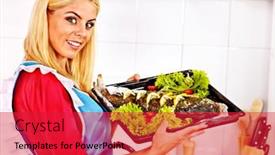  Presentation with fish - Cool new PPT theme with happy-woman-prepare-fish backdrop and a red colored foreground
