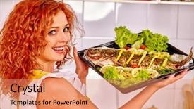  Presentation with fish - Slide set having happy-woman-prepare-fish background and a coral colored foreground