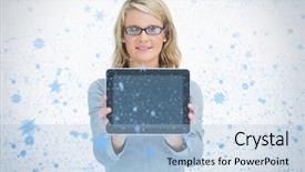  Presentation with falling snow - Beautiful slides featuring happy woman presenting her tablet against snow falling backdrop and a light blue colored foreground