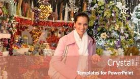  Presentation with purchasing - Presentation theme featuring happy-woman-purchasing-christmas-ornaments background and a coral colored foreground