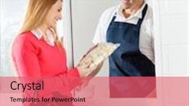  Presentation with purchasing - PPT layouts featuring happy woman purchasing uncooked ravioli pasta packet from chef through window background and a coral colored foreground