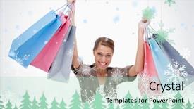  Presentation with snowflakes - Amazing theme having happy woman raising her shopping bags against snowflakes and fir trees in green backdrop and a mint green colored foreground