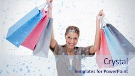  Presentation with falling snow - Slides featuring happy woman raising her shopping bags against snow falling background and a sky blue colored foreground