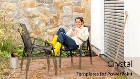  Presentation with autumn - PPT layouts having happy-woman-relaxing-autumn-housework background and a coral colored foreground