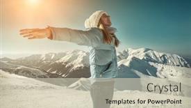 Presentation with blue mountain - PPT layouts enhanced with happy woman relaxing on the top of mountain under blue sky with sunlight at sunny winter day travel vacation landscape mountains background background and a soft green colored foreground