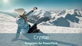  Presentation with blue mountain - Theme featuring happy woman relaxing on the top of mountain under blue sky with her camera at sunny winter day travel vacation landscape mountains background background and a ocean colored foreground