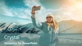  Presentation with blue mountain - Slide deck featuring happy woman relaxing on the top of mountain under blue sky with sunlight at sunny winter day travel vacation landscape mountains background background and a ocean colored foreground