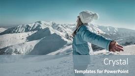  Presentation with blue mountain - Audience pleasing slide deck consisting of happy woman relaxing on the top of mountain under blue sky with sunlight at sunny winter day travel vacation landscape mountains background backdrop and a gray colored foreground
