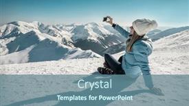  Presentation with blue mountain - PPT layouts enhanced with happy woman relaxing on the top of mountain under blue sky with her camera at sunny winter day travel vacation landscape mountains background background and a seafoam green colored foreground