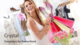  Presentation with woman pushing shopping trolley - Audience pleasing presentation design consisting of happy woman shopping for shoes backdrop and a soft green colored foreground