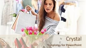  Presentation with woman pushing shopping trolley - Slide set having happy woman shopping for shoes background and a  colored foreground